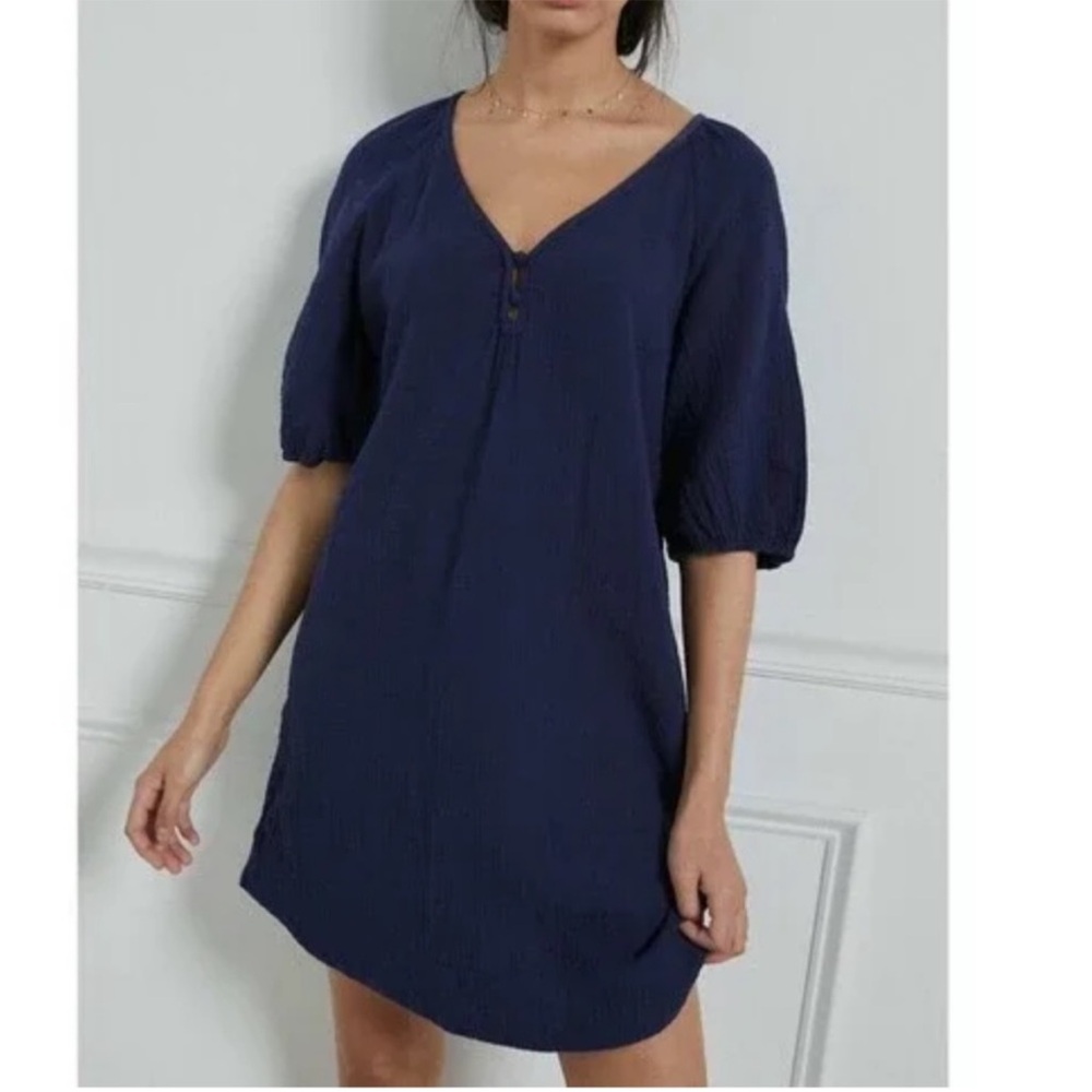 Anthropologie Gauzy Puff Sleeve Minimalist Womens Mini Dress Blue Cotton Size XS
